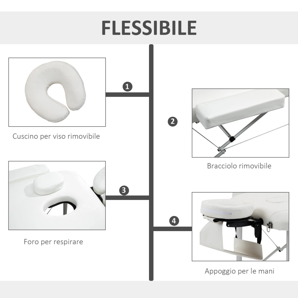 Lettino Massaggi Portatile Pieghevole e Professionale in Alluminio bianco 215x81x61-84cm