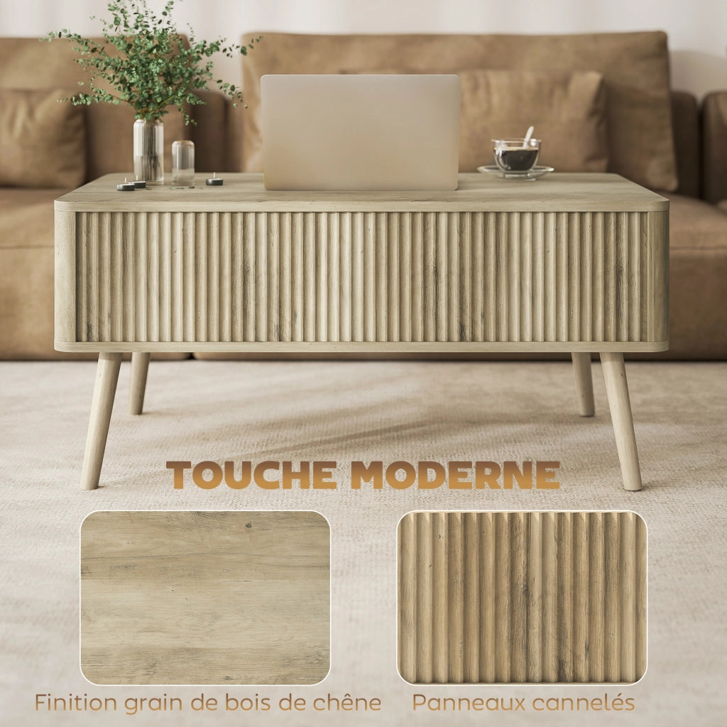 Tavolino da salotto con ripiano sollevabile e scomparti nascosti ¨C zephmum ¨C 91x56x43 cm, effetto quercia, gambe in pino