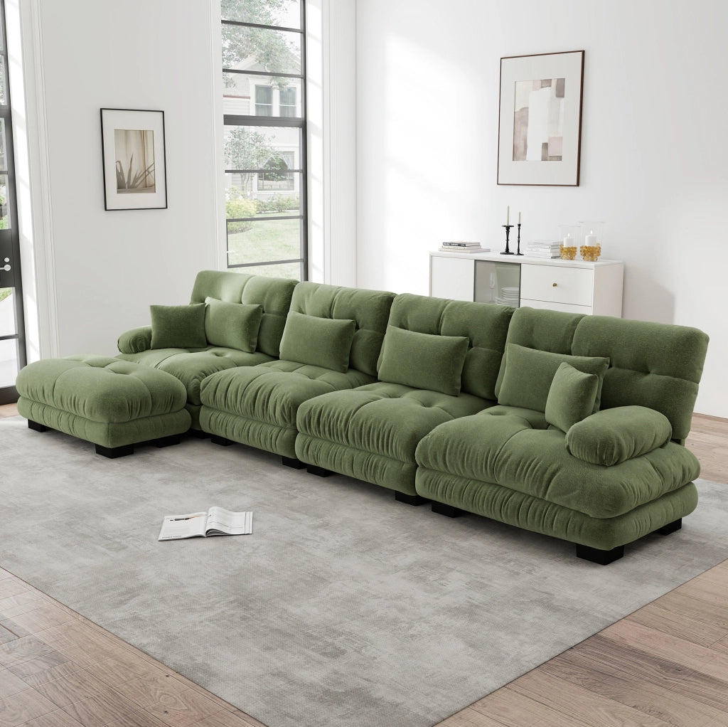 Divano modulare 4 posti con ottomane mobili; configurazione angolare o lineare; chenille verde