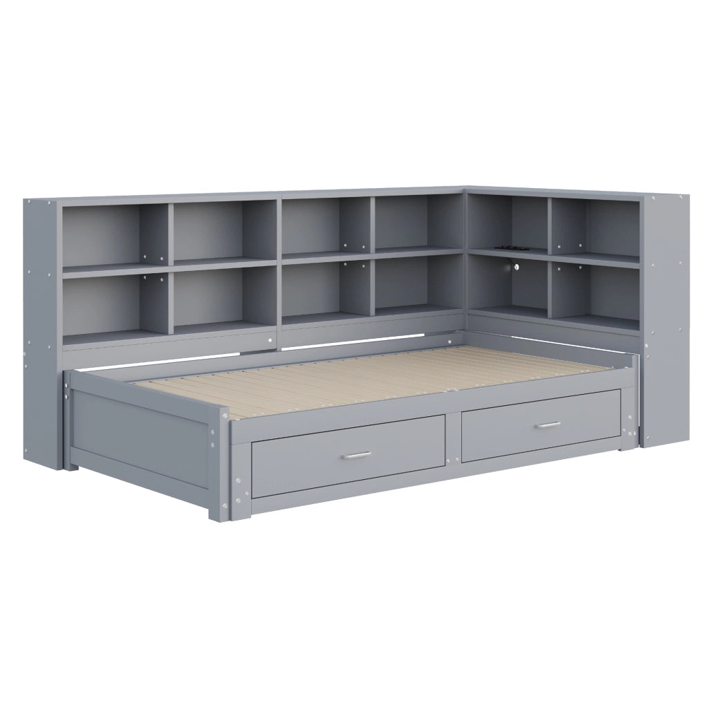 Letto singolo estraibile in legno con contenitori, cassetti e presa multifunzione