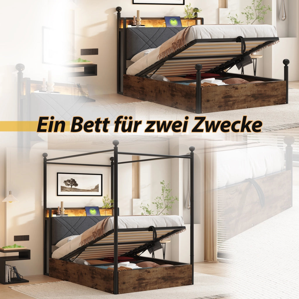 DESMIU Letto singolo 90 × 190 cm 1 posto con vano contenitore, LED, USB e Type-C, senza materasso, nero