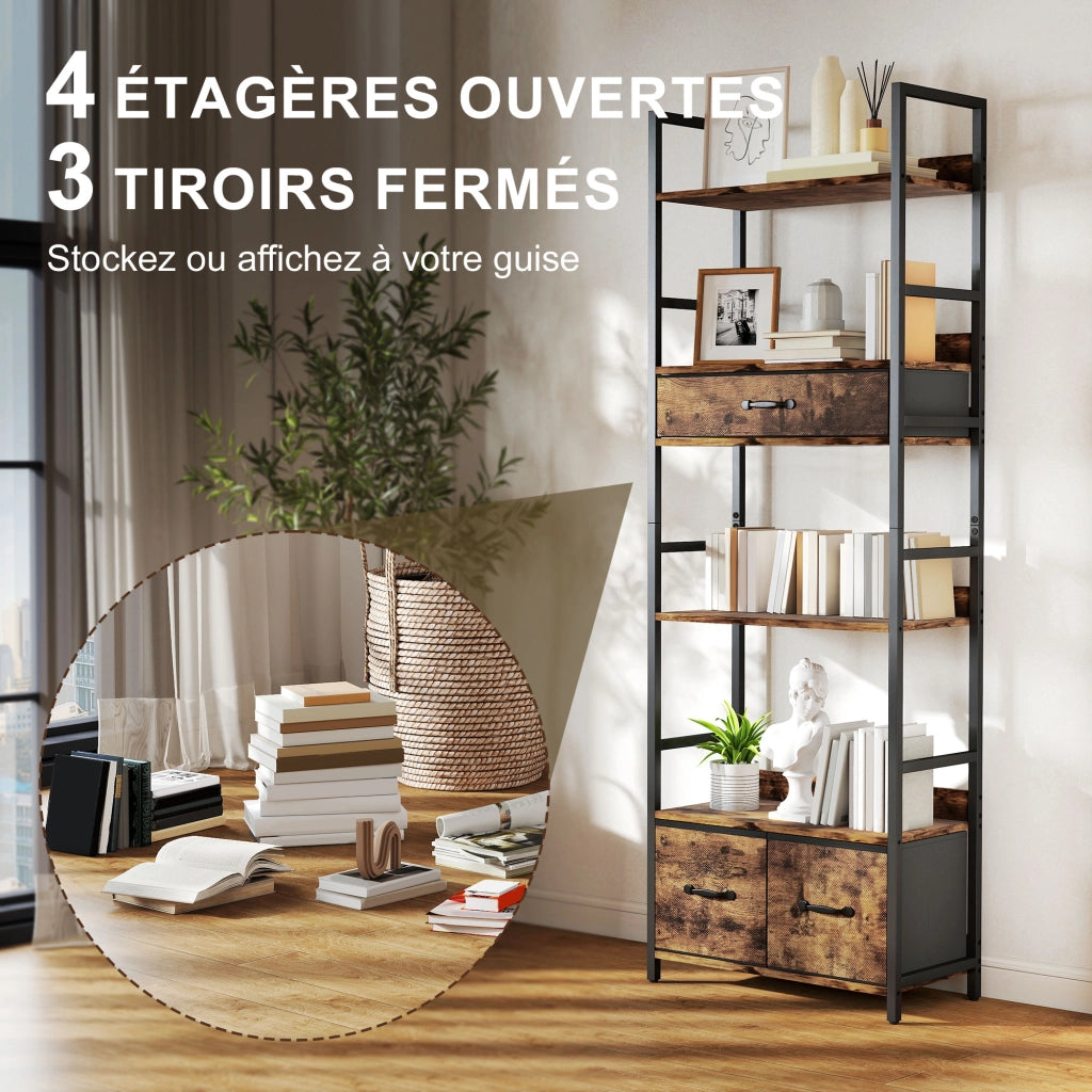 Libreria 6 Livelli con Cassetti Tessuto ¨C Zephmum ¨C 60x30x176cm Marrone Rovere