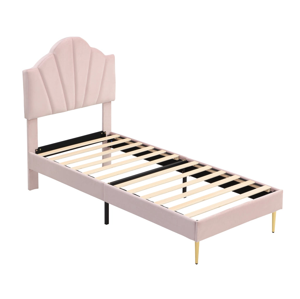 Letto imbottito in velluto rosa 90x200 cm con testiera regolabile e rete a doghe