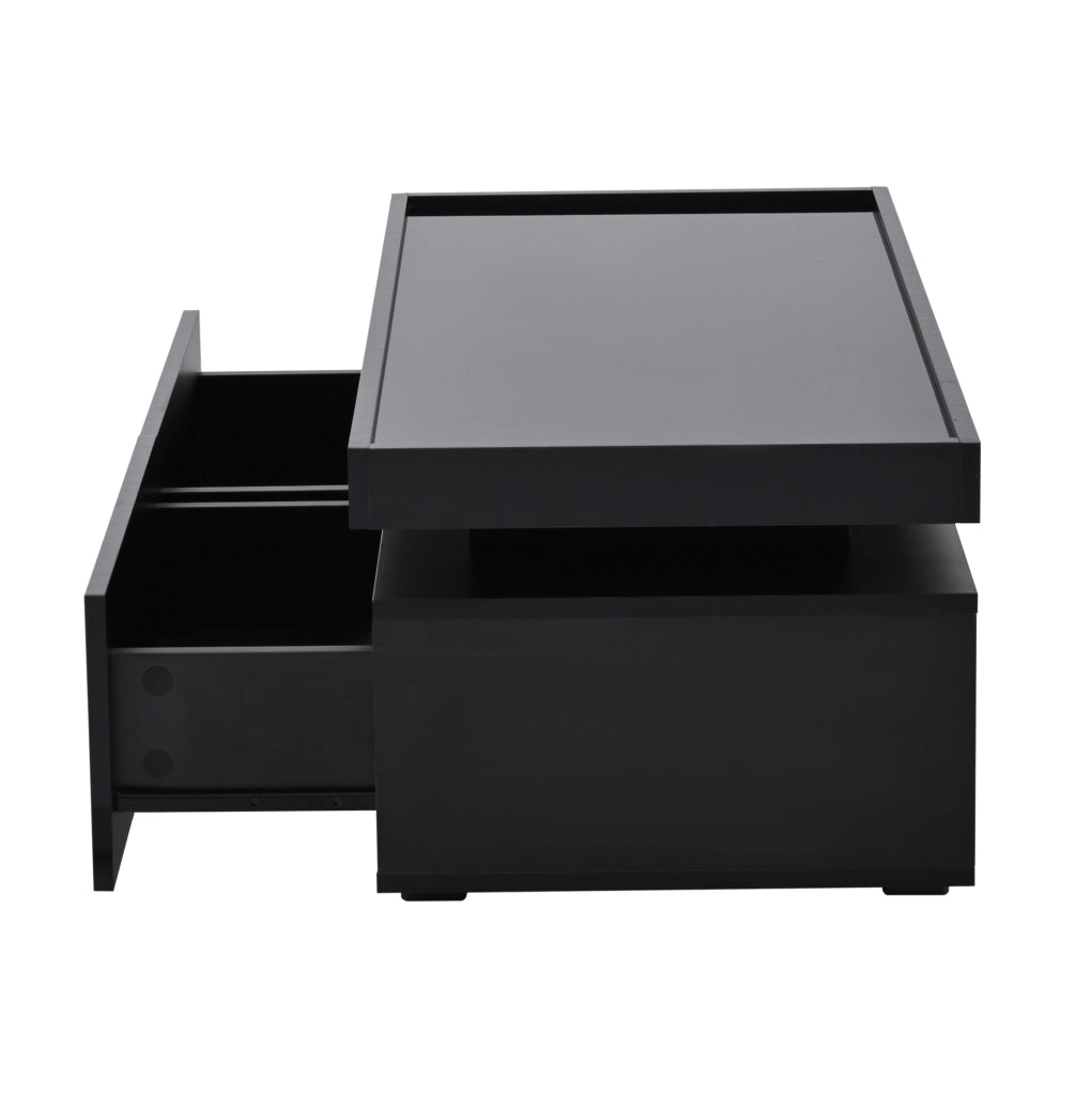 Tavolino da salotto nero lucido con LED e 2 cassetti
