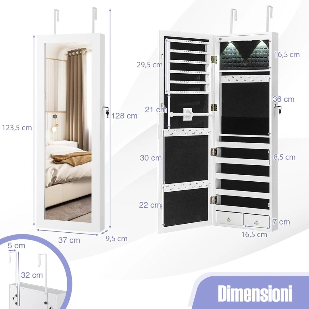 Armadio per Gioielli con 2 luci LED, con Specchio a Figura, Organizer Montato al Muro con Ganci Regolabili per Appendere, Armadio Portagioie per Truccarsi (Bianco)