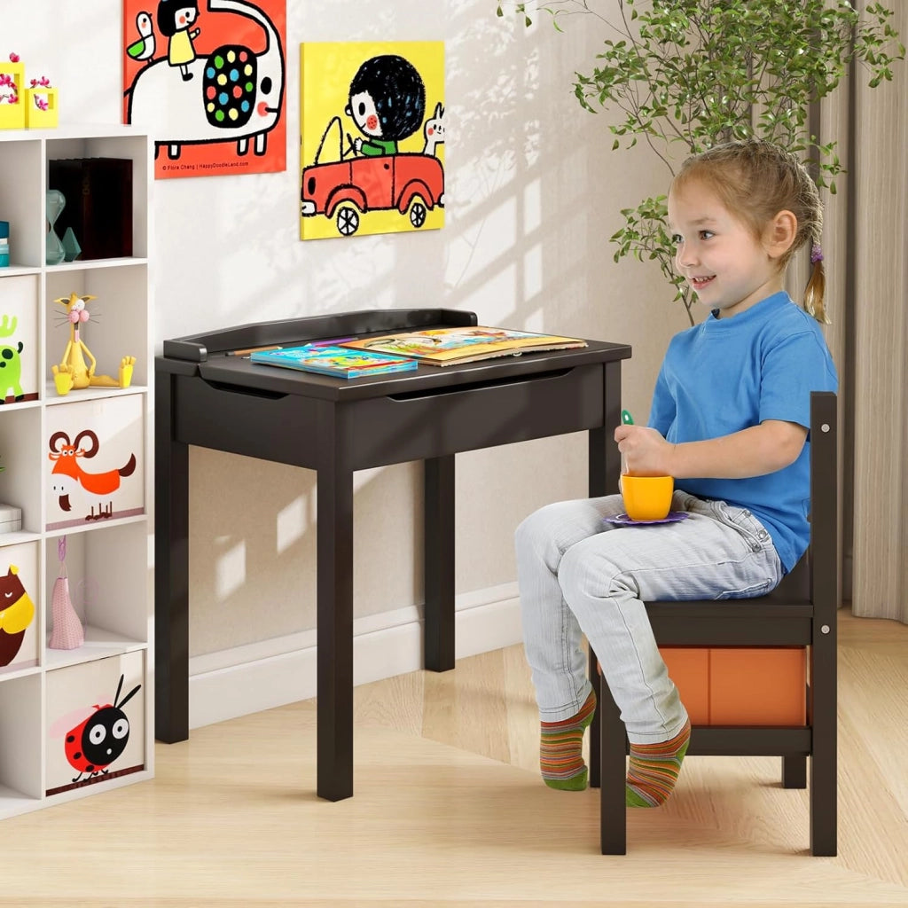 Set Tavolo e Sedia per Bambini, Scrivania Ribaltabile con Sedia per Bambini in Legno, con Cassetto e Gancio Estraibile, Bianco/Naturale (Nero)