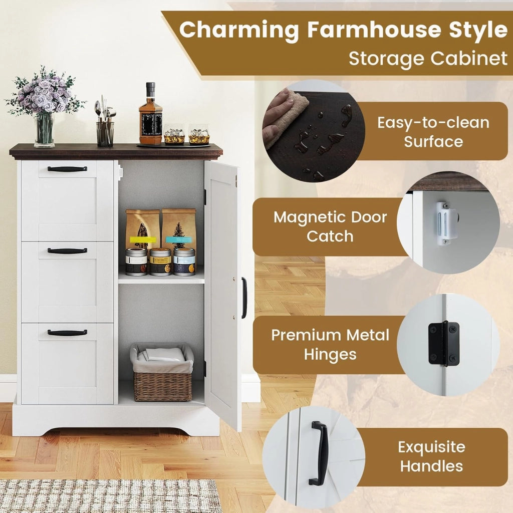 Credenza Cucina con 3 Cassetti e Armadio con Ante, Mobile Cucina Dispensa con Kit Antiribaltamento, Mobiletto Cucina, per Soggiorno, Sala da Pranzo, 60 x 30 x 80 cm (Bianco)