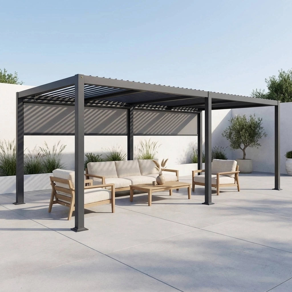 Pergola bioclimatica 3x6m + 2 tende 3m, antracite