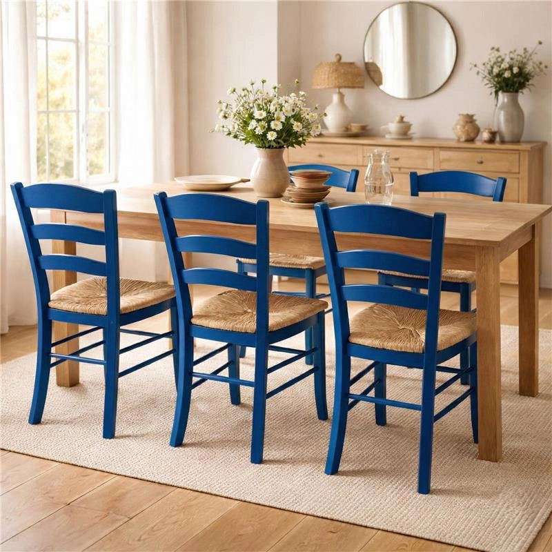SET 4 SEDIE PAESANA IN LEGNO CON SEDUTA IN PAGLIA E SCHIENALE ALTO 42X40X87H CM COLORE BLU