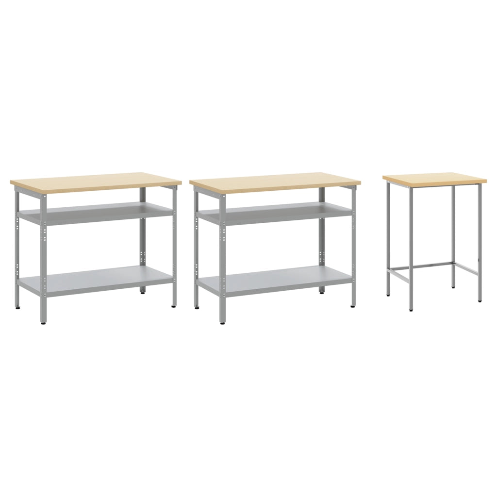 Set di banchi da lavoro in acciaio grigio, 3 pezzi