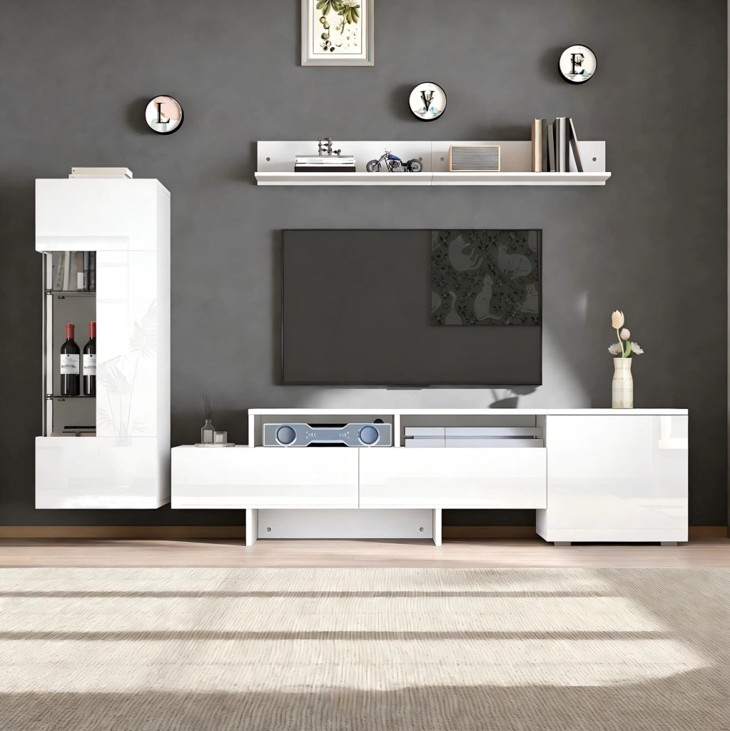 Parete attrezzata TV 3 pezzi bianca con LED, mobile TV 170 cm e pensile
