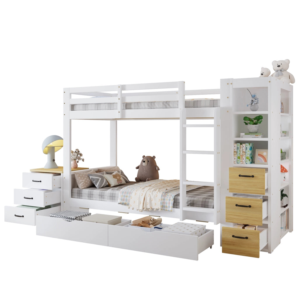 Letto a castello 90x200 cm in legno con 2 cassetti; ripiani laterali e comodino; bianco naturale