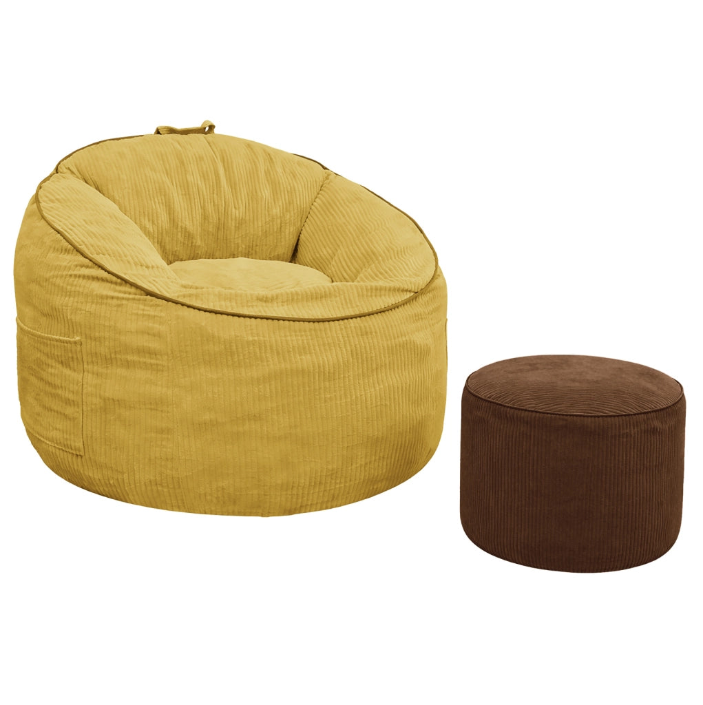 Poltrona curva gialla con tasca laterale e pouf