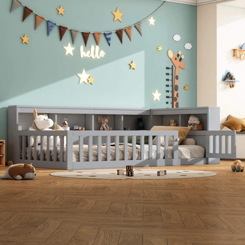 Letto a giorno con sponda; prese e USB 90x200 cm; grigio