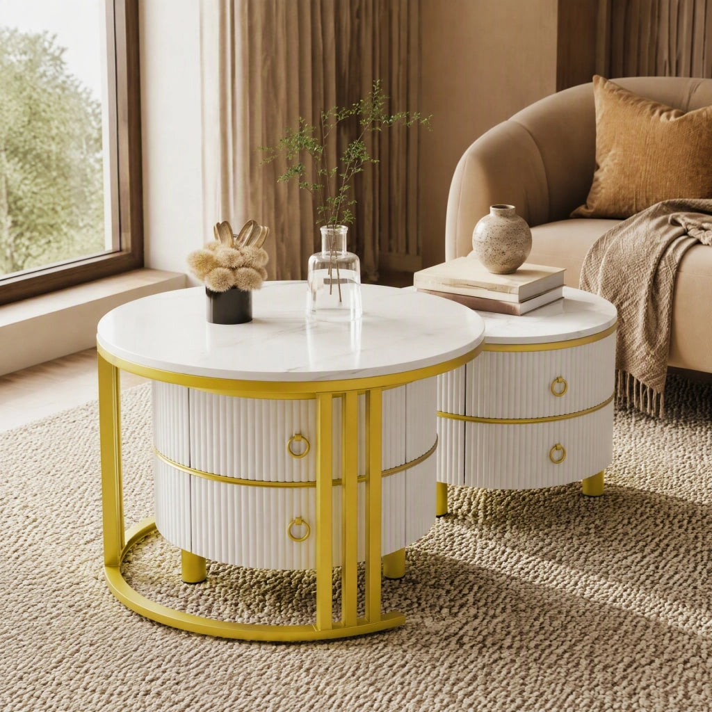 TAVOLINO DA CAFFÈ Set 2 pezzi rotondo 70x70x46 + 50x50x40 cm MDF Bianco