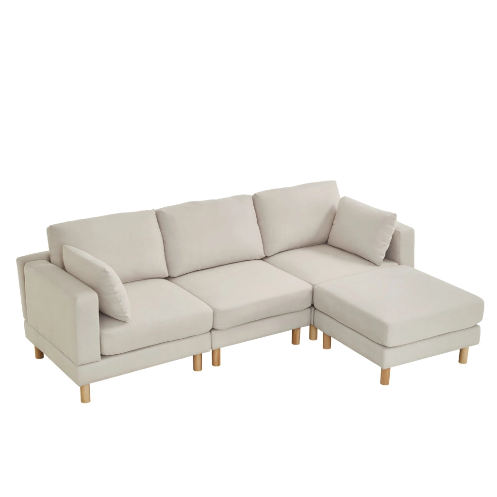 Divano angolare reversibile 3 posti con pouf, seduta modulare e cuscini, in poliestere beige