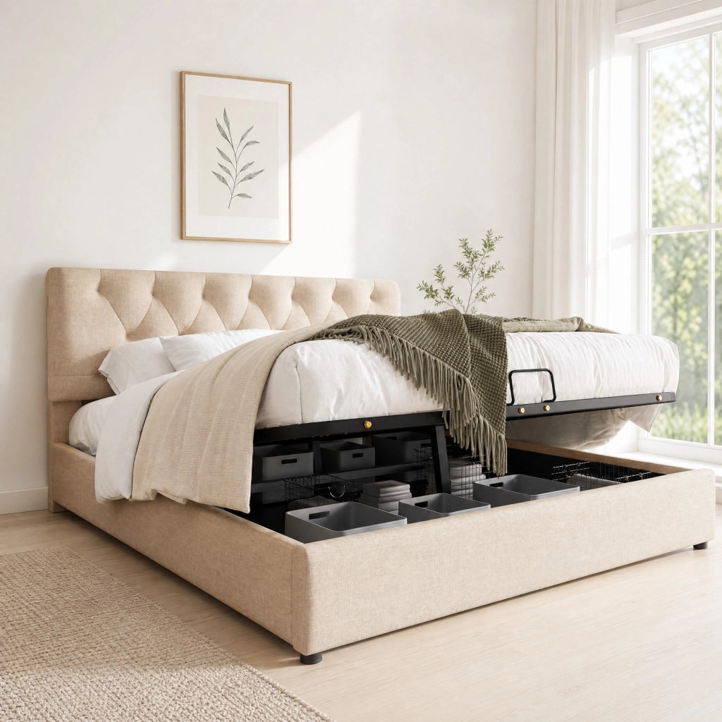 Letto matrimoniale imbottito 160x200 cm con contenitore, testiera regolabile e materasso incluso