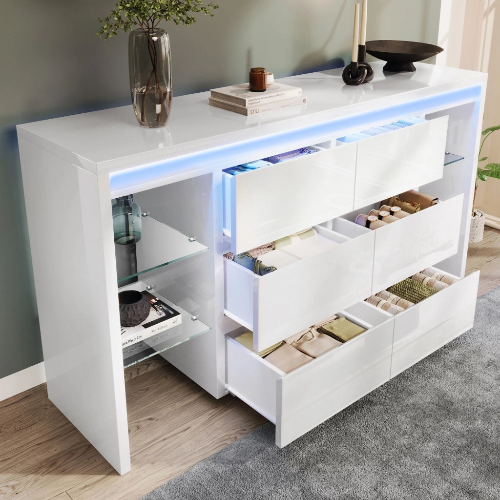 Comodino lucido, credenza da sala da pranzo, illuminazione a LED, 6 cassetti, 4 ripiani in vetro, 155 x 40 x 80 cm, bianco