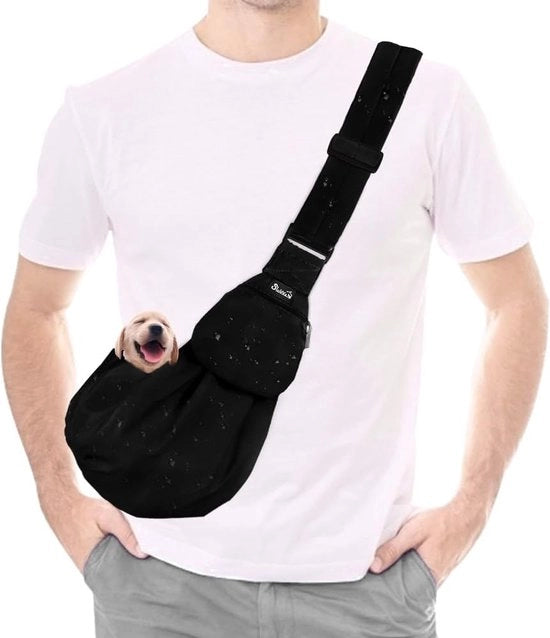 Borsa per cane, sacchetto per cane con cinturino regolabile e imbottito, tasca anteriore, borsa per cane per passeggiate, attività all'aperto e gite (nero impermeabile)