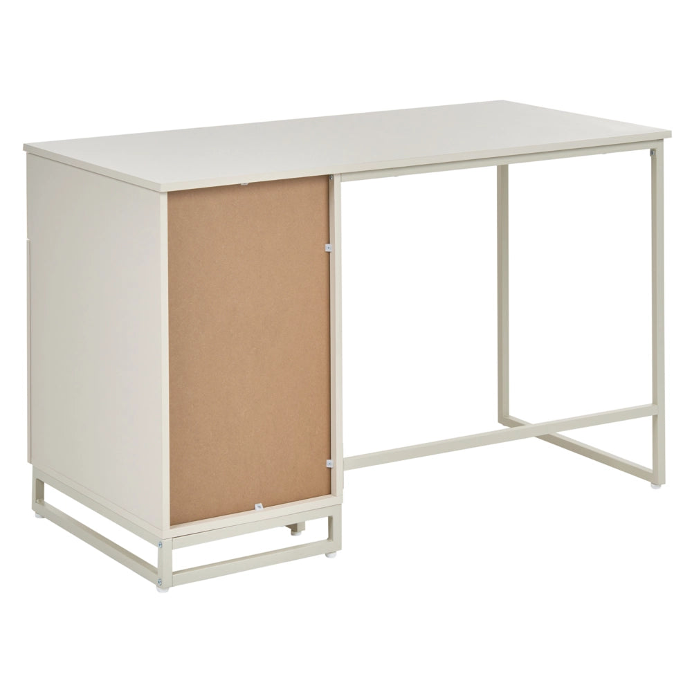 Scrivania da ufficio per casa in MDF beige chiaro, 120 x 60 cm, struttura in acciaio con cassetto e vano chiuso, design moderno e minimalista