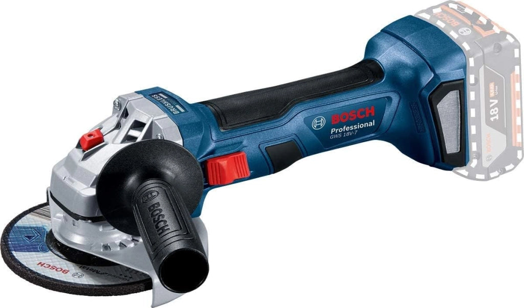 Bosch Professional 06019H9004 Smerigliatrice Angolare a Batteria GWS 18 V-7 (Cuffia di Prot., Impug. Suppl., Flangia e Dado di Serraggio, L-BOXX), Nero, Ciano, Magenta, Giallo, Diametro Disco 115 mm