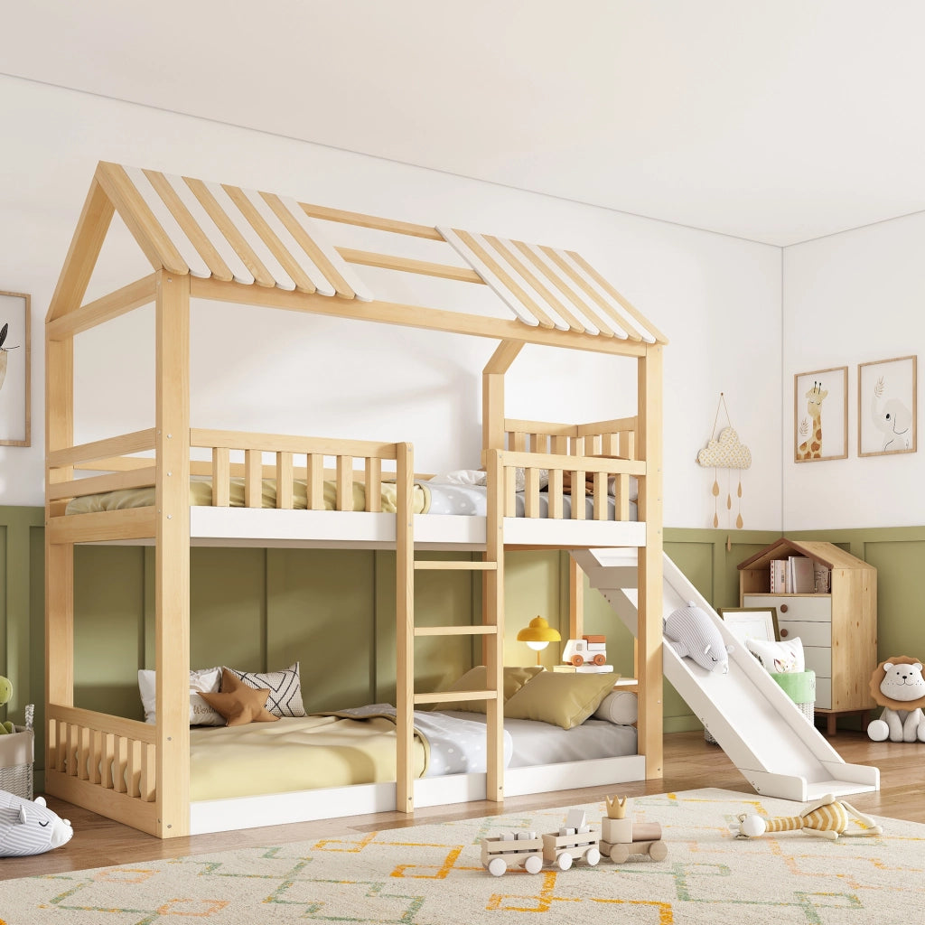 Letto a castello per bambini, 90x200 cm, a forma di casetta, con scivolo, materasso escluso, bianco + color legno