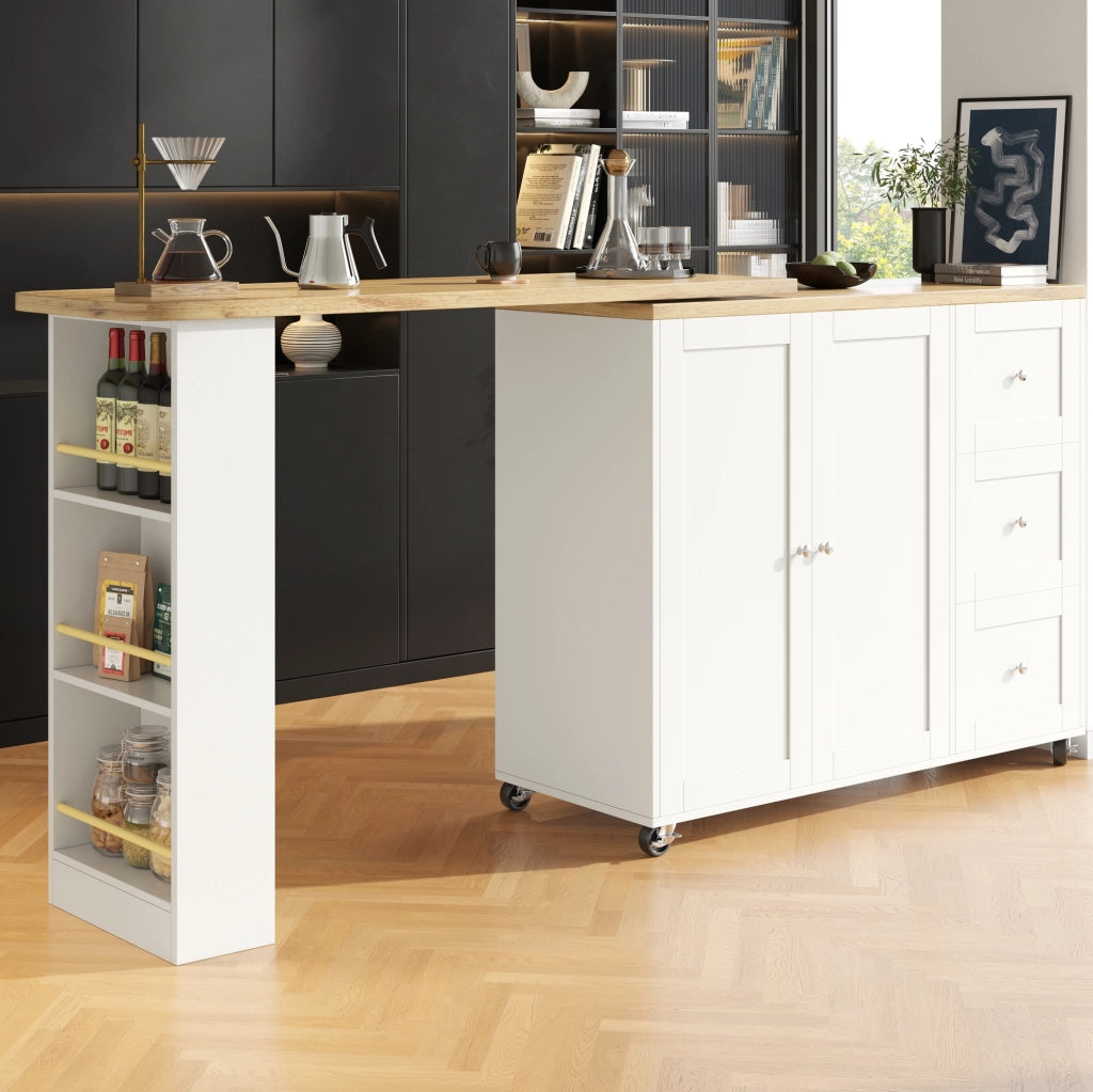 Isola cucina 203x39x104 cm girevole con ruote e ripiani in MDF bianco