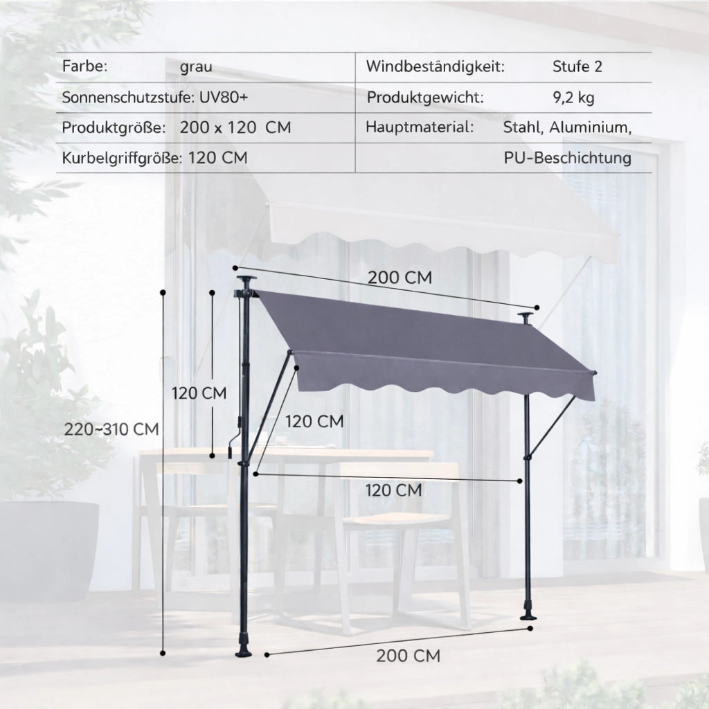 Tenda da Sole a Bracci per Balcone con Manovella ¨C MINIMAL ¨C Grigio, 200x120 cm, Senza Foratura, UV