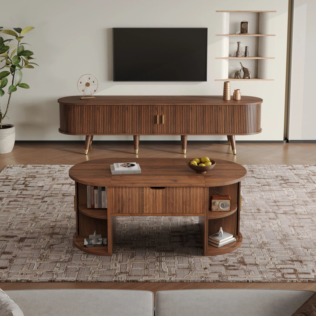 Set da soggiorno 2 pezzi con tavolino elevabile e mobile TV in MDF noce