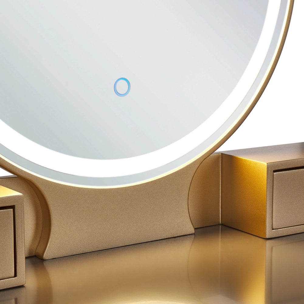 Toeletta in legno MDF e poliestere 4 cassetti grigia e dorata con sgabello e specchio LED camera da letto soggiorno