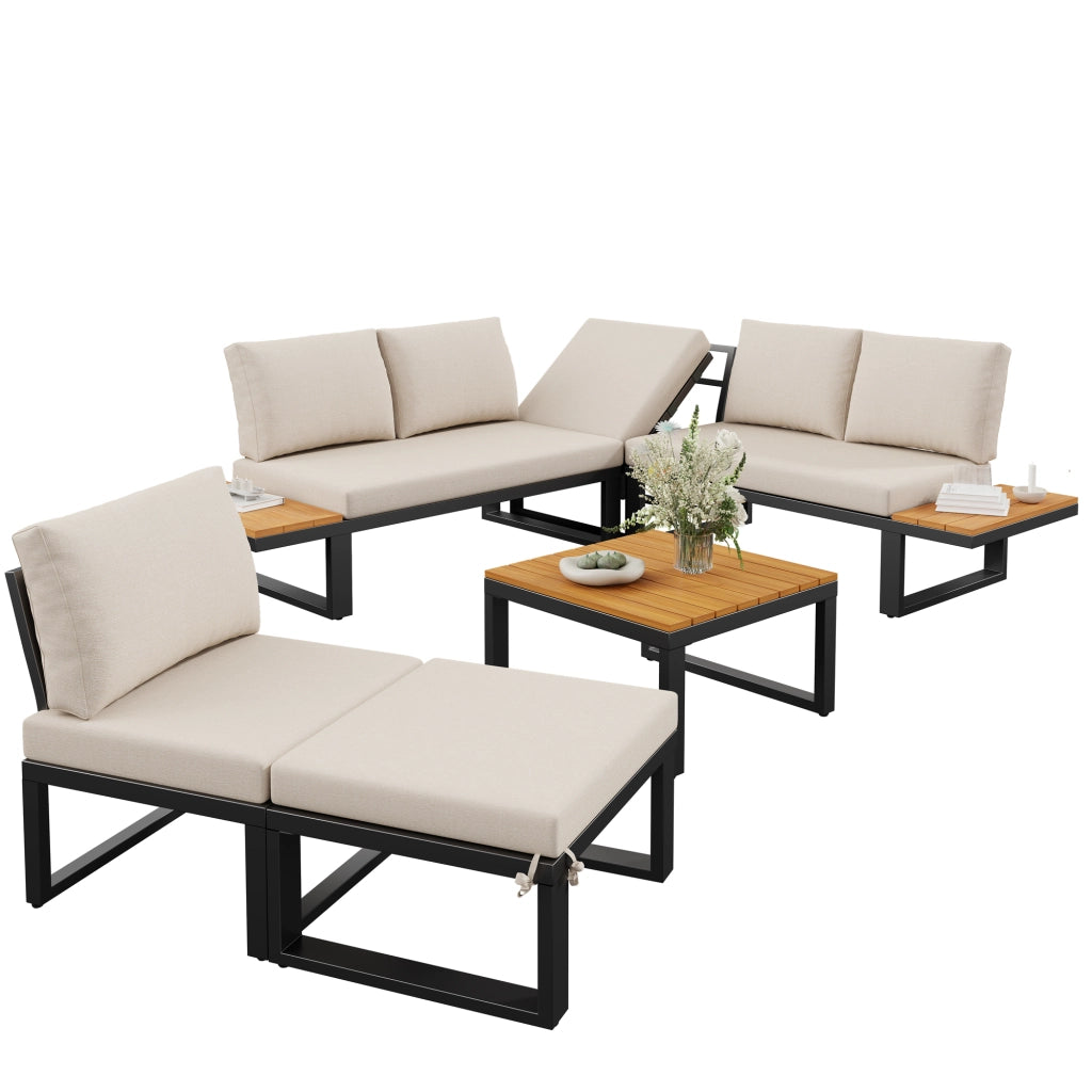 Set Divano Angolare da Giardino 6 pezzi con Tavolino ¨C MINIMAL ¨C Acciaio, Cuscini Grigio/Beige, Schienale Regolabile