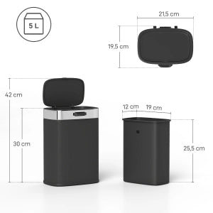 Bidone per rifiuti in acciaio inox nero 5 L con coperchio a pressione e secchio interno estraibile