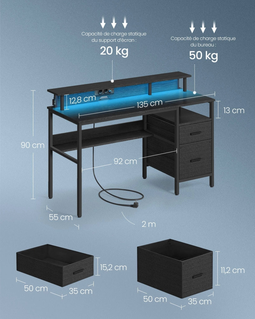 Scrivania da gaming con luci LED e multipresa 55 x 135 x 90 cm scrivania per computer con supporto per monitor tavolo portaoggetti con 2 cassetti 2 porte USB nero 12_0004636