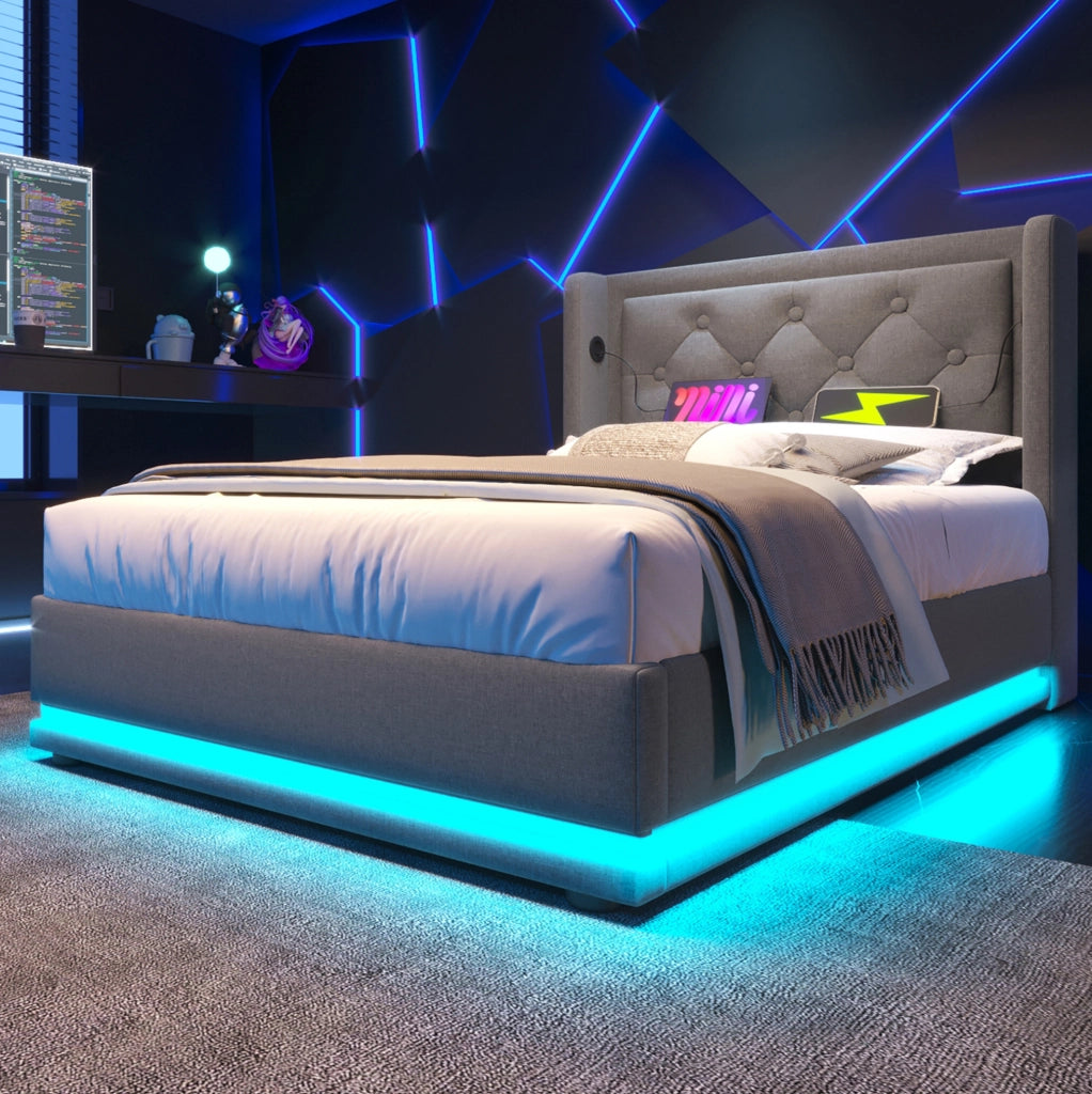 Letto singolo imbottito 90x200 cm con contenitore; testiera con USB e LED; grigio in cotone