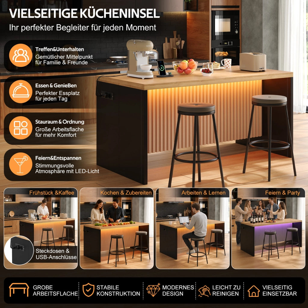 Isola cucina industriale con LED, prese USB e piano 155 cm