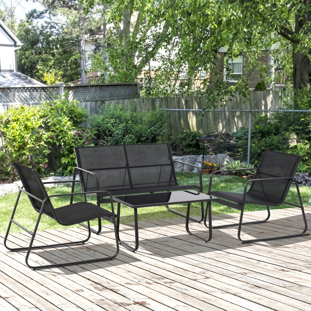 Set Salotto da Giardino da 4 Pezzi, con Divanetto da Esterno a 2 Posti, 2 Sedie e Tavolo da Caff¨¨ in Vetro Temperato, Set di Mobili da Giardino in Metallo e Texteline, Nero