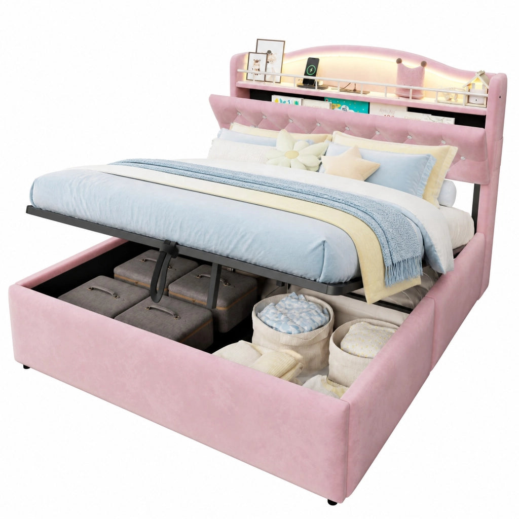 Letto imbottito 140x200 cm con contenitore idraulico; LED; USB/USB-C e rivestimento rosa