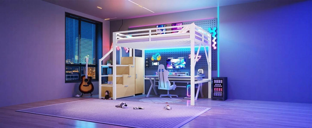 Letto a soppalco 140 × 200 cm con 3 vani contenitore, armadio, LED, senza materasso, bianco