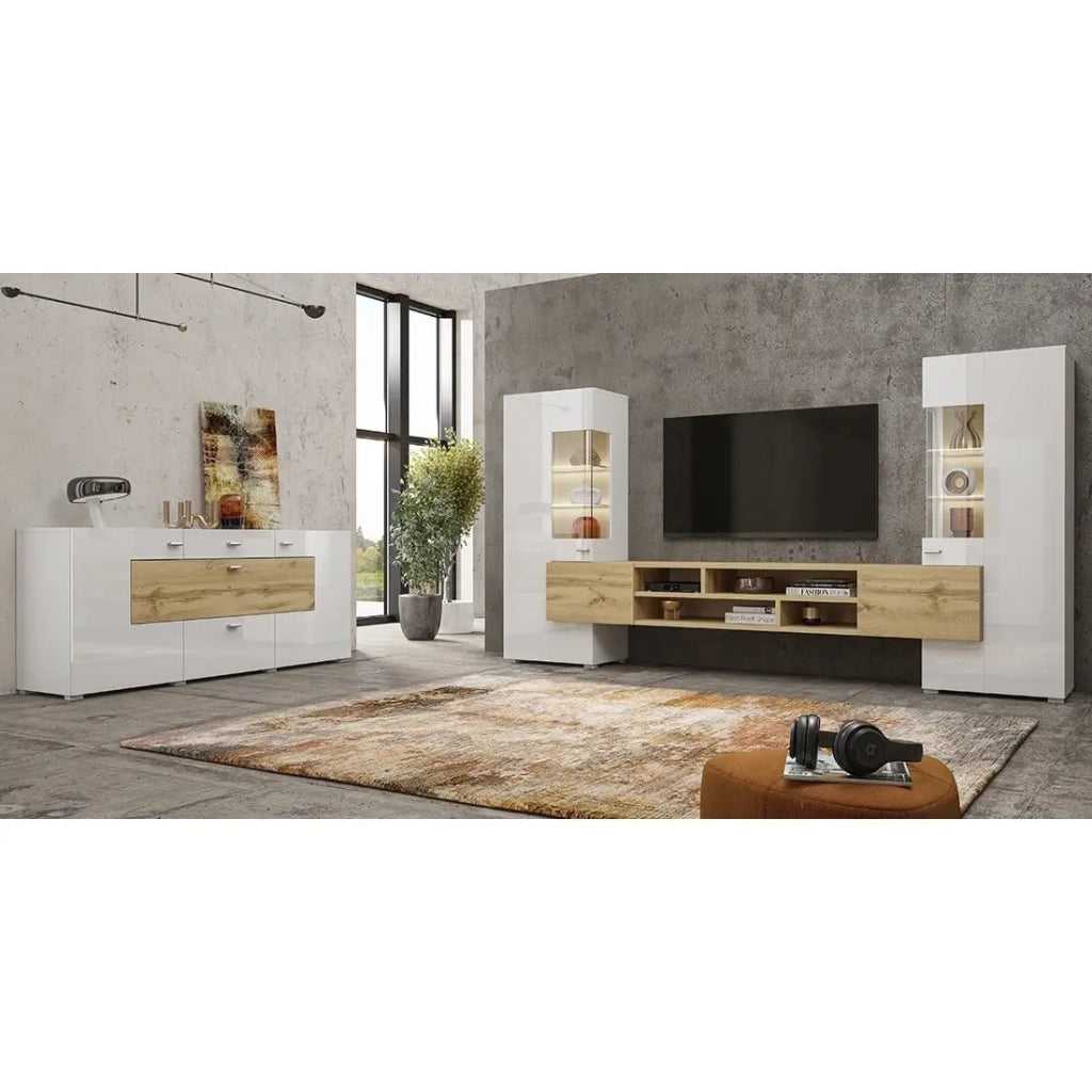 Set di 3 mobili da soggiorno collezione KOBEE. Colore bianco e quercia.