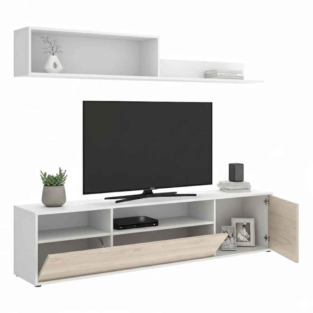 Parete attrezzata Jelawat, Composizione soggiorno, Mobile salotto multiuso, Armadio porta TV, 180x35 h44 cm, Bianco e Rovere