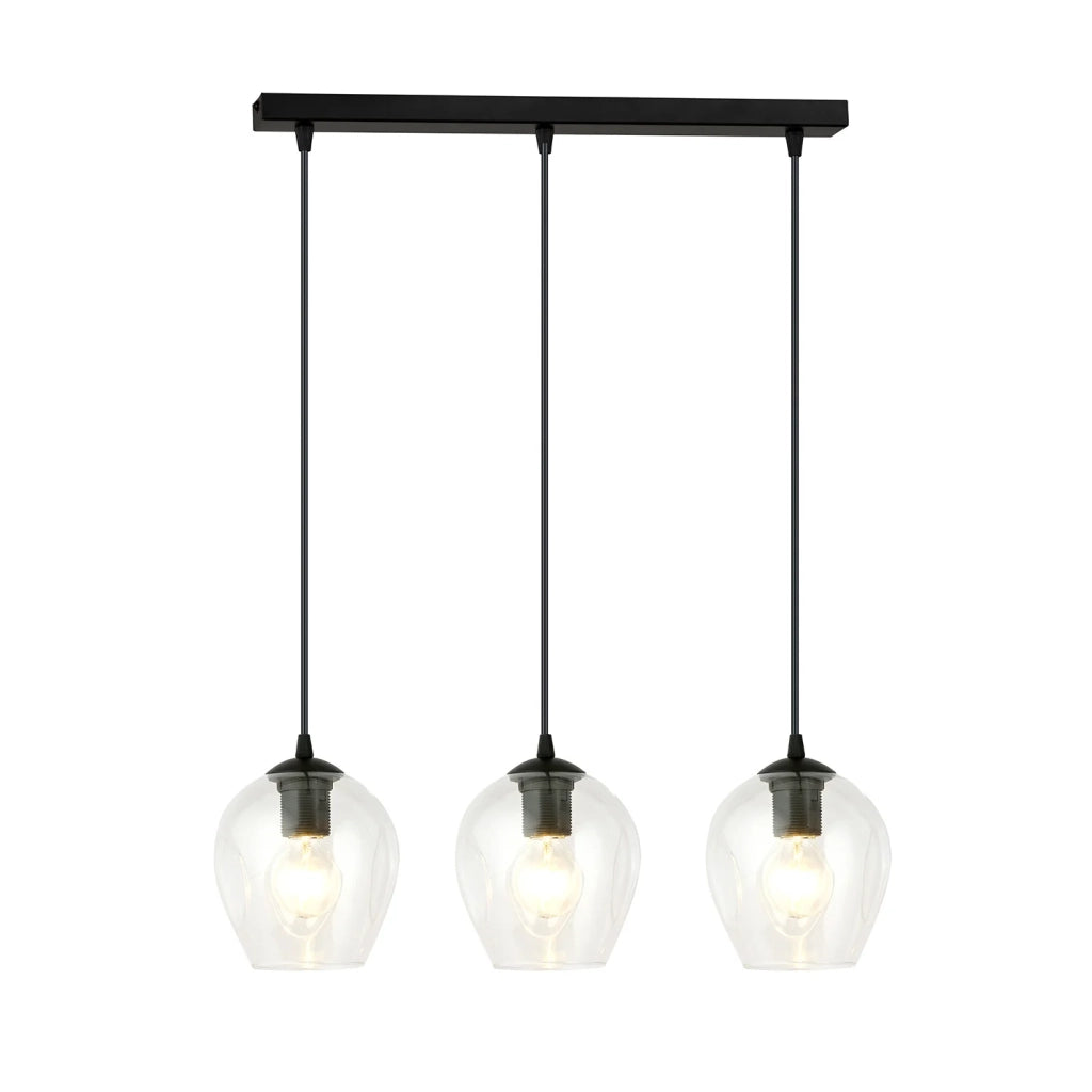 Lampadario 3 Luci Fuxi In Acciaio Nero E Vetri Trasparente
