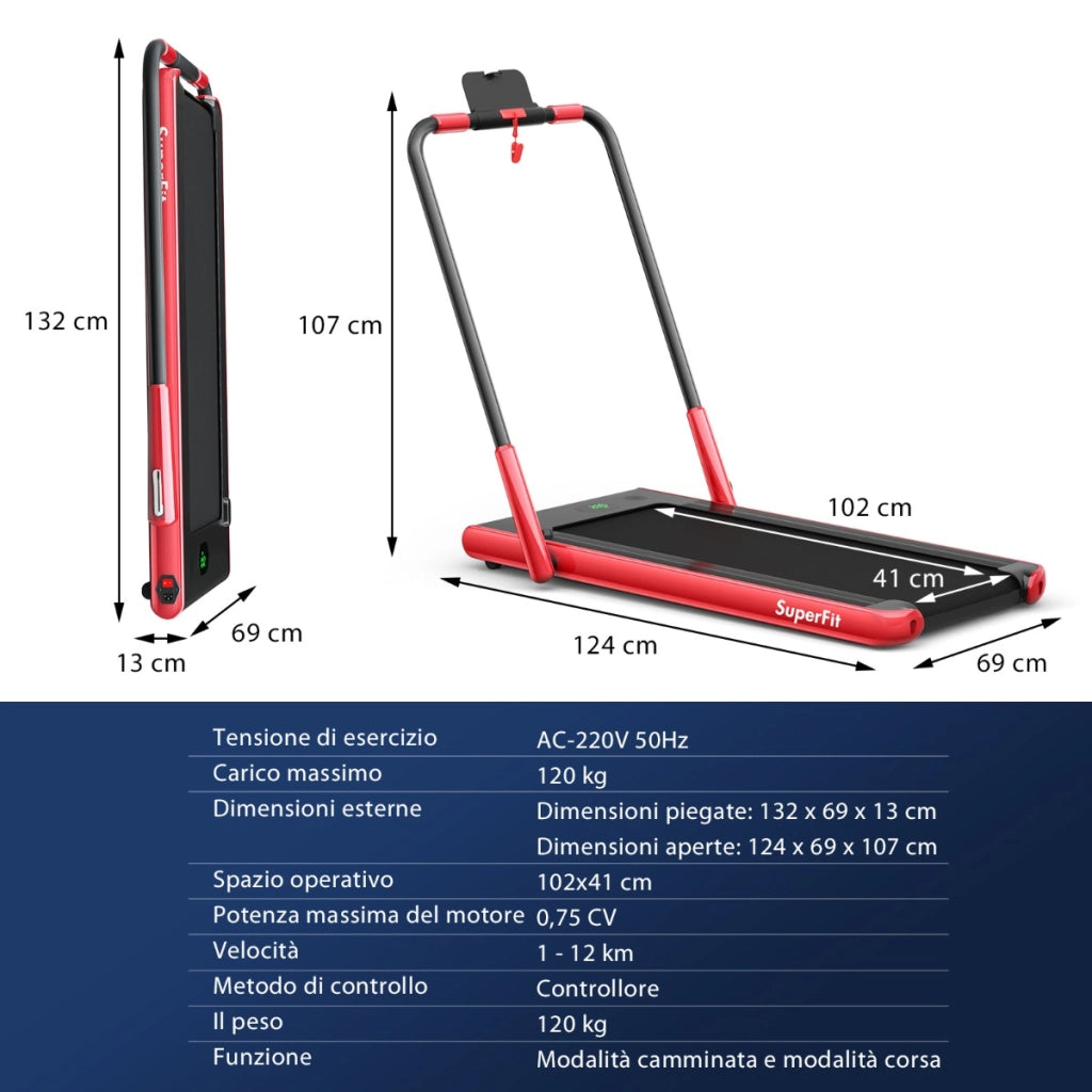 Tapis roulant pieghevole 2 in 1 con APP telecomando, Tapis roulant da 2,25HP con altoparlante display LED Rosso-Tapis roulant