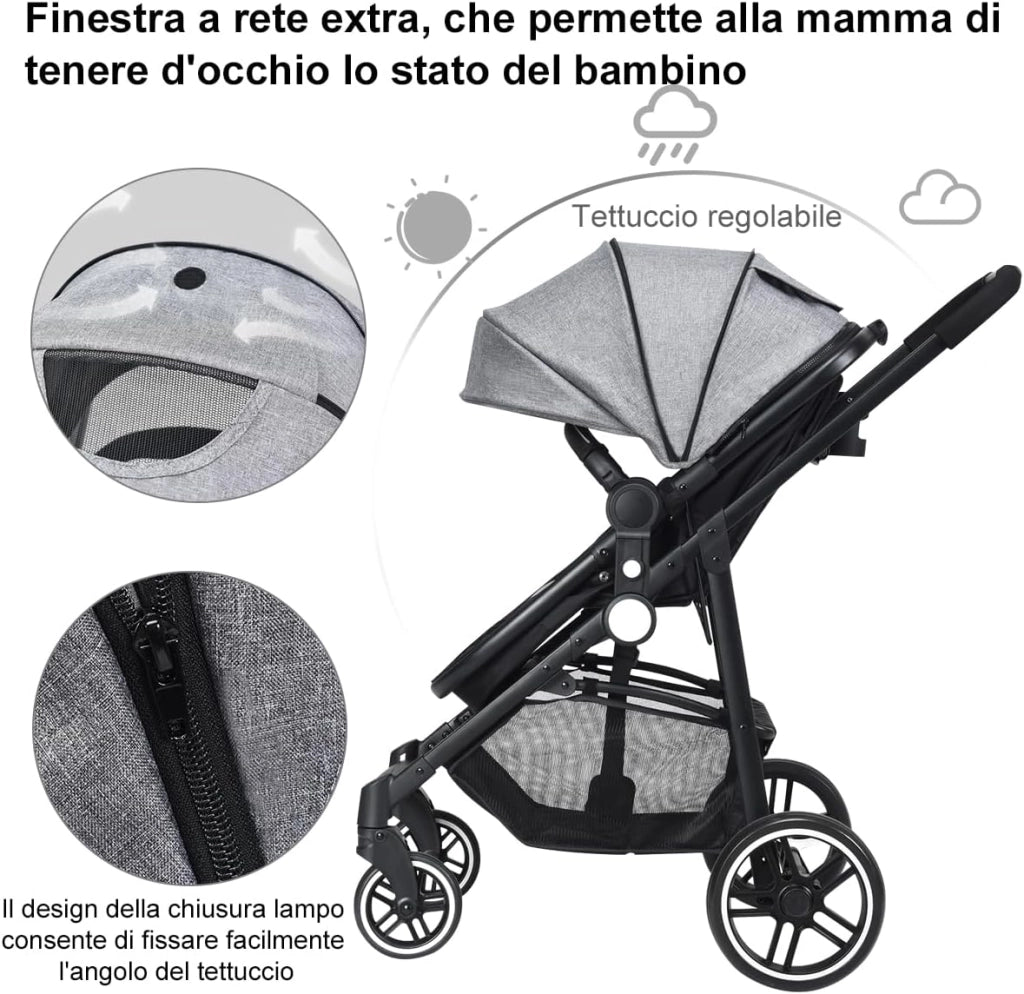 2 in 1 Passeggino per Bambini, Passeggino Pieghevole con Sedile Reversibile, Schienale Regolabile, Passeggino Leggero con Cintura di Sicurezza, Copertura, per Bambini 0-3 Anni (Nero)