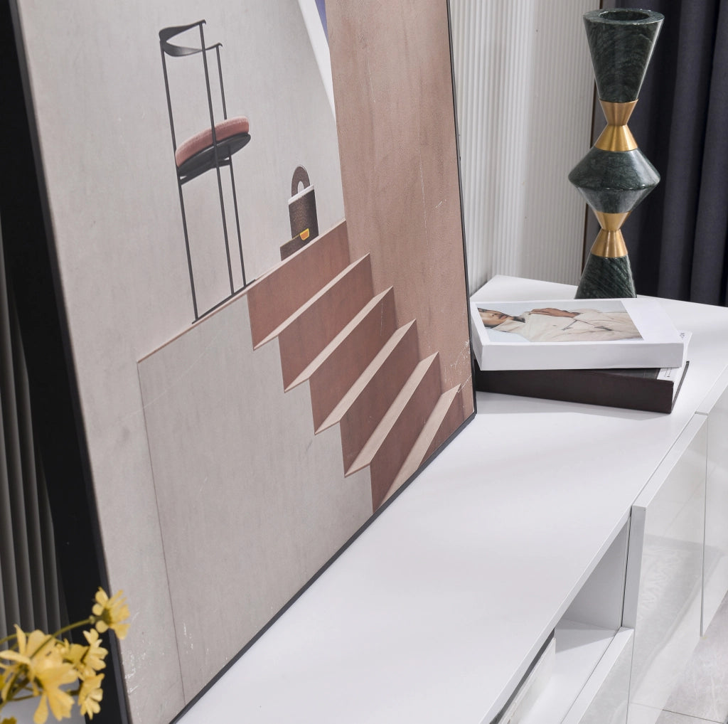 Mobile TV moderno in MDF bianco con design a patchwork diagonale, 170x42x37 cm