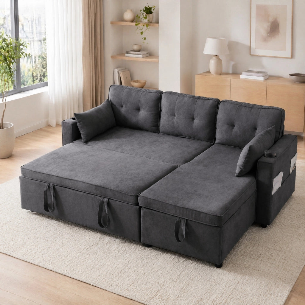 Divano letto angolare con chaise longue reversibile, contenitore e portabicchieri, stile moderno