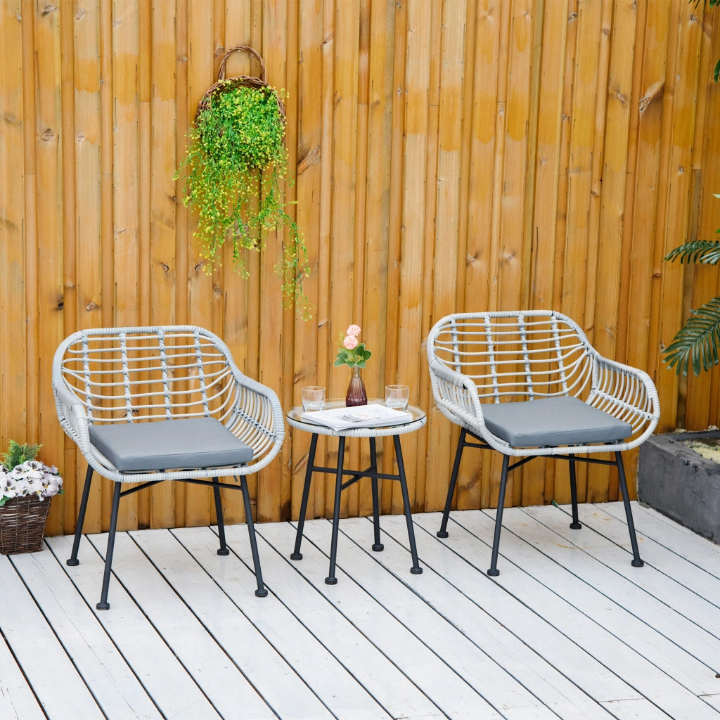 Set Divano da Esterno in Polyrattan con 2 Sedie e Tavolino in Vetro ¨C Zephmum ¨C Grigio