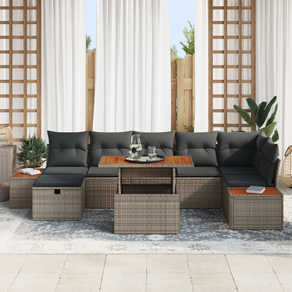 Set di Divani da Giardino da 8 Pezzi con Cuscini Grigio in Rattan