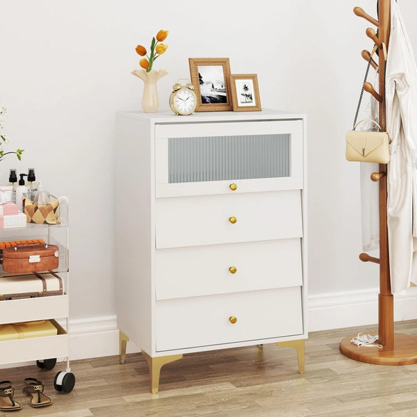 Cassettiera con 3 cassetti e porta in vetro apribile, credenza in legno con gambe in metallo, armadietto da pavimento autoportante con protezione antiribaltamento, moderno mobile da soggiorno