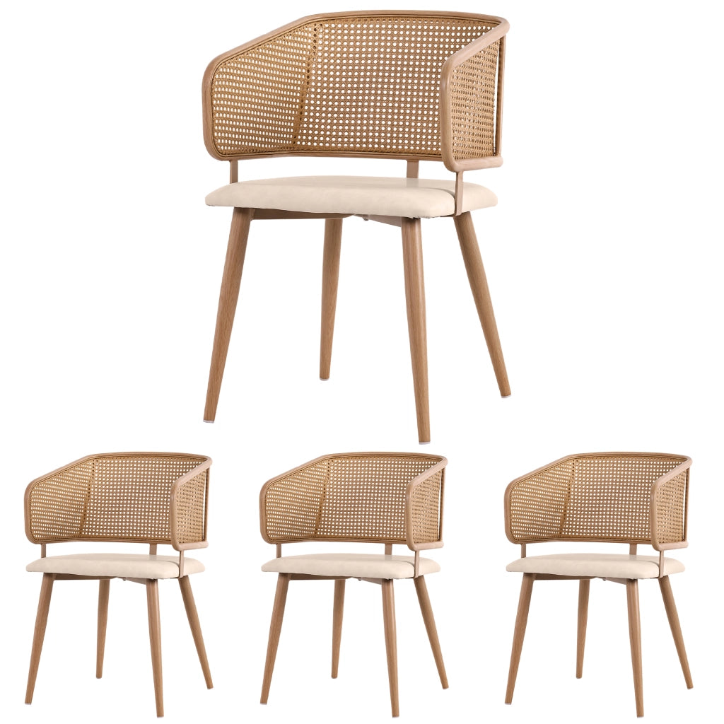 Sedie da Pranzo con Schienale in Rattan ¨C MINIMAL ¨C Seduta in Ecopelle, Moderne, Set 4 Pezzi