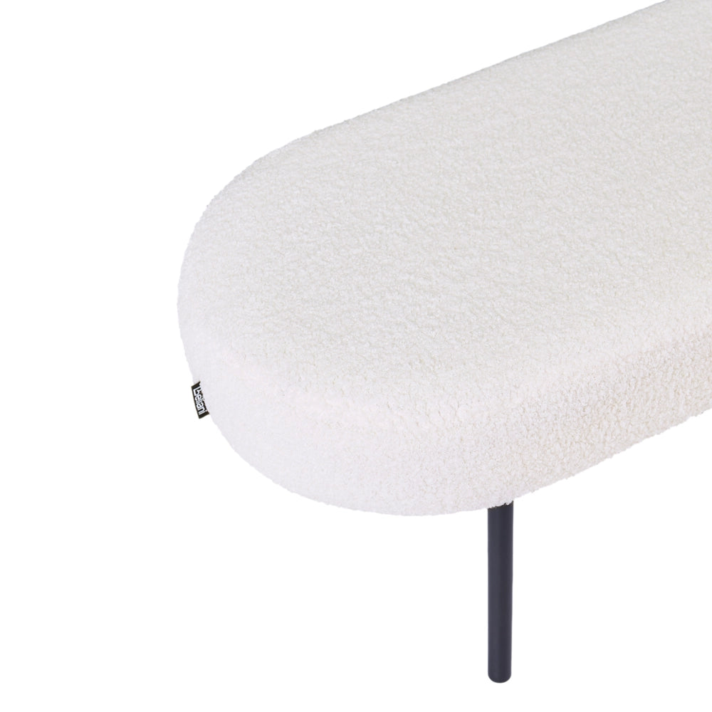 Panca Boucle con gambe in metallo, seduta ovale imbottita, stile cottage retrò, bianco sporco